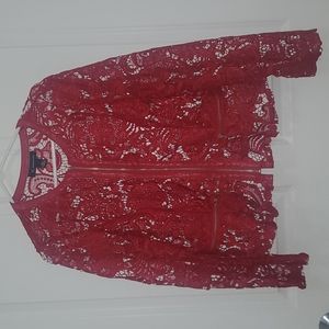 Large INC International Concepts Red Faux leather & thick polyester lace jacket